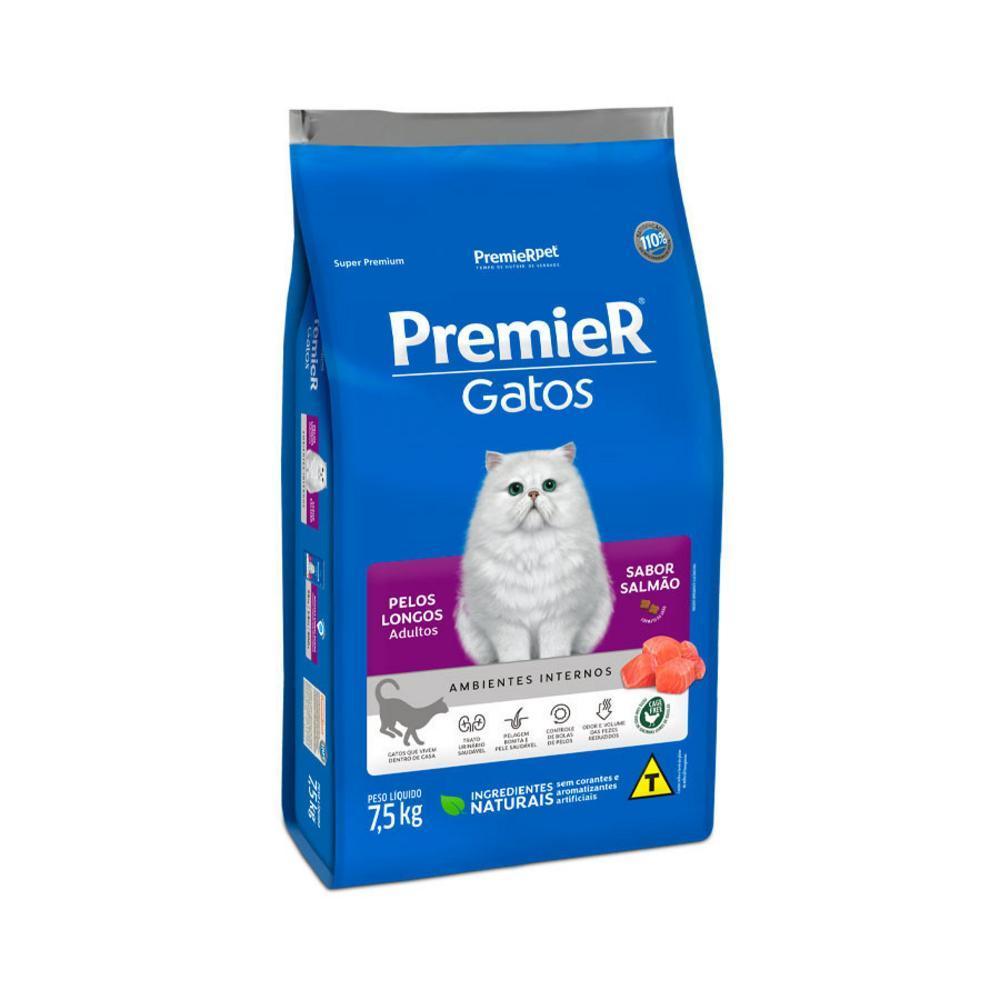 Ração para Ambientes Internos Gatos Adultos Pelo Longo Salmão Premier 7,5Kg